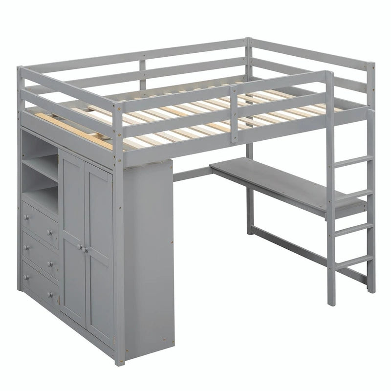 Lit mezzanine 2 places avec armoire, bureau, étagères de rangement et tiroirs