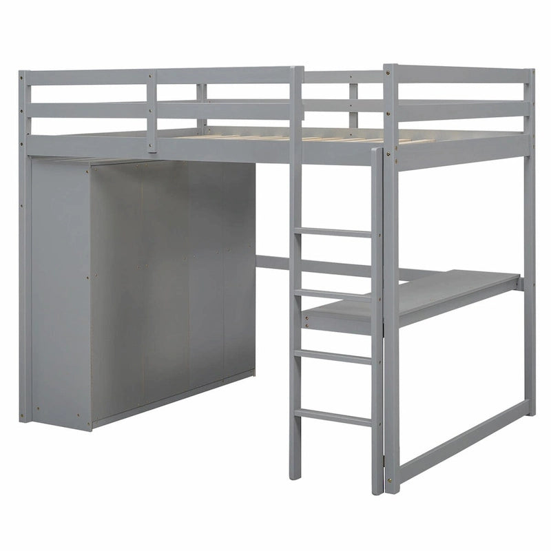 Lit mezzanine 2 places avec armoire, bureau, étagères de rangement et tiroirs
