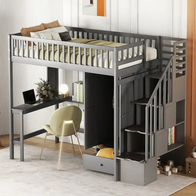 Hoogslaper in twin size met boekenkast, laden, bureau en kledingkast