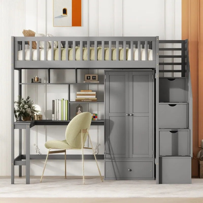 Hoogslaper in twin size met boekenkast, laden, bureau en kledingkast