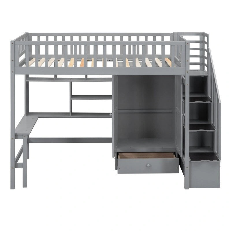 Hoogslaper in twin size met boekenkast, laden, bureau en kledingkast