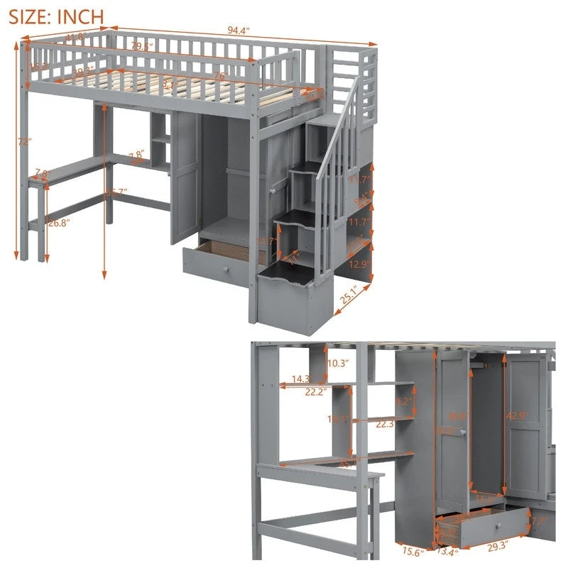 Hoogslaper in twin size met boekenkast, laden, bureau en kledingkast