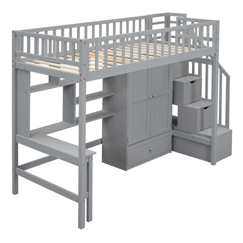 Hoogslaper in twin size met boekenkast, laden, bureau en kledingkast