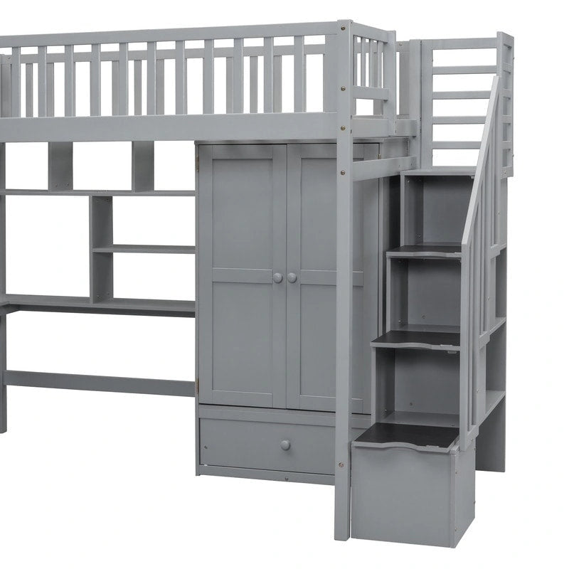 Hoogslaper in twin size met boekenkast, laden, bureau en kledingkast
