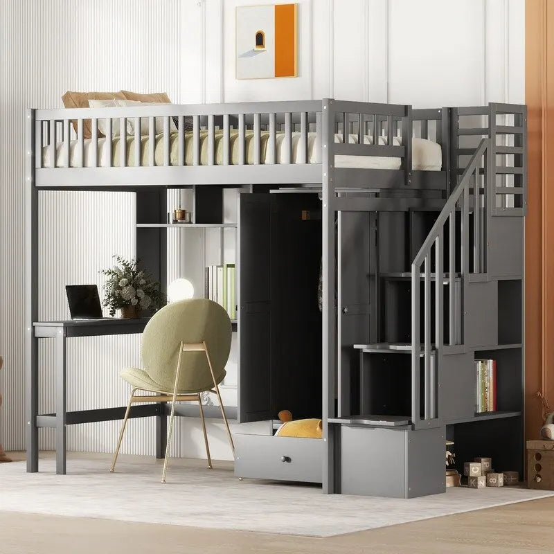 Hoogslaper in twin size met boekenkast, laden, bureau en kledingkast