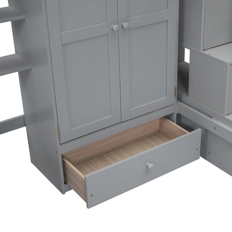 Hoogslaper in twin size met boekenkast, laden, bureau en kledingkast