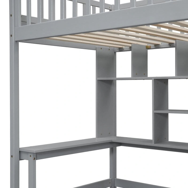 Hoogslaper in twin size met boekenkast, laden, bureau en kledingkast