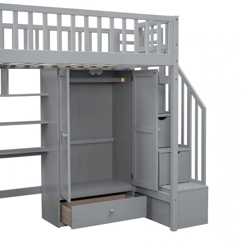 Hoogslaper in twin size met boekenkast, laden, bureau en kledingkast