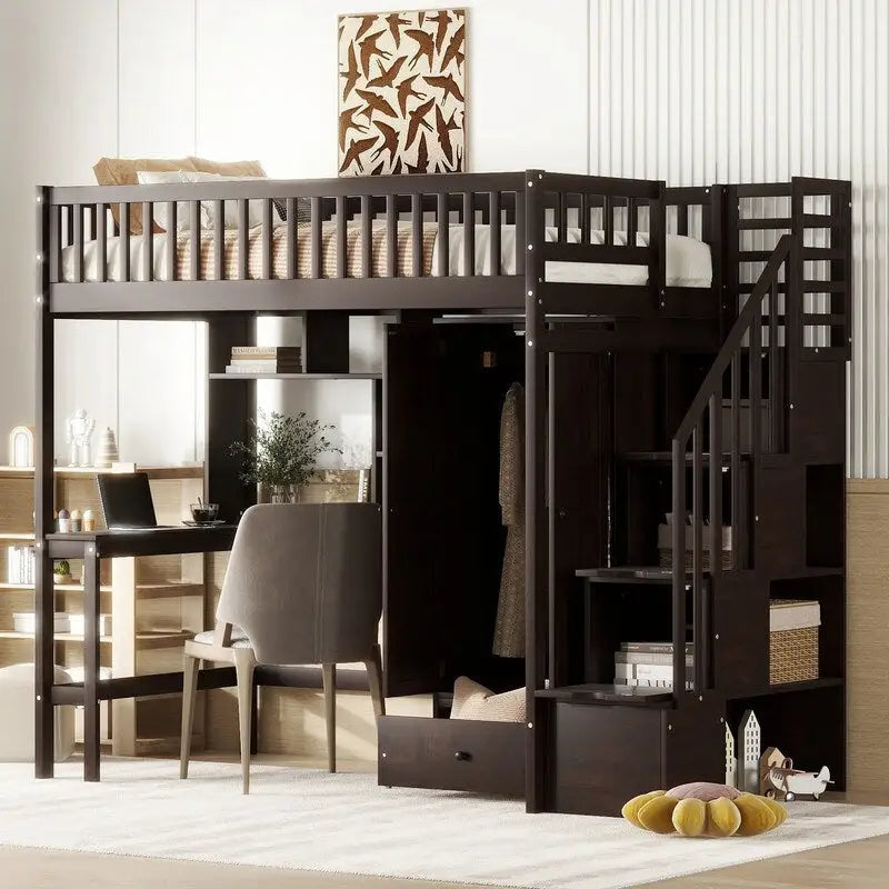 Hoogslaper in twin size met boekenkast, laden, bureau en kledingkast