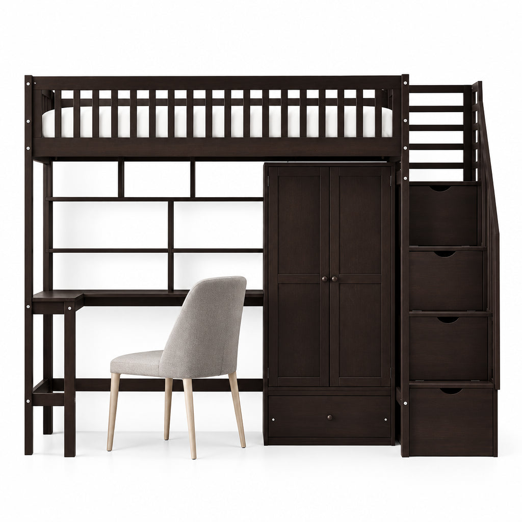 Hoogslaper in twin size met boekenkast, laden, bureau en kledingkast