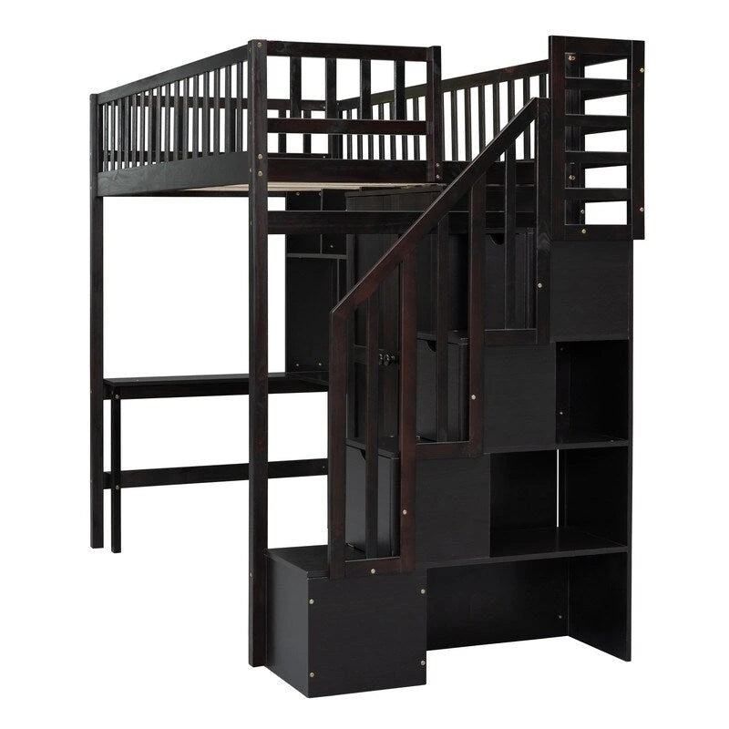 Hoogslaper in twin size met boekenkast, laden, bureau en kledingkast
