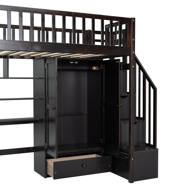 Hoogslaper in twin size met boekenkast, laden, bureau en kledingkast