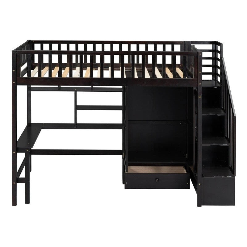 Hoogslaper in twin size met boekenkast, laden, bureau en kledingkast