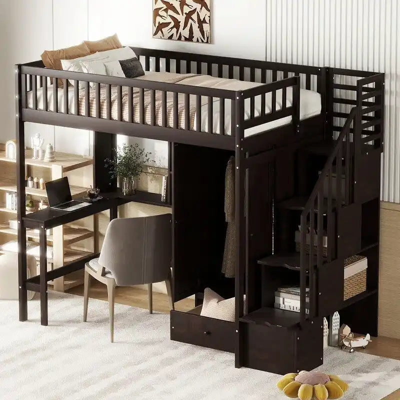 Hoogslaper in twin size met boekenkast, laden, bureau en kledingkast