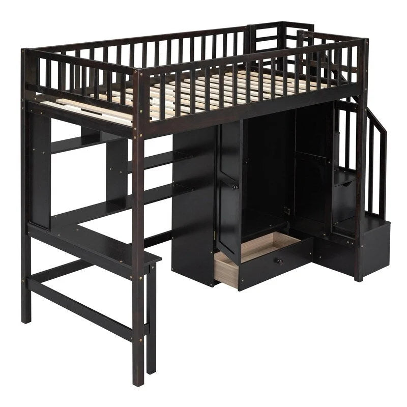 Hoogslaper in twin size met boekenkast, laden, bureau en kledingkast