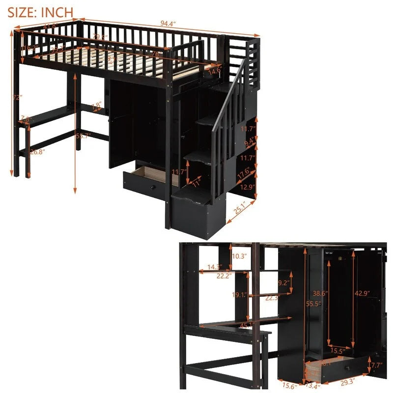 Hoogslaper in twin size met boekenkast, laden, bureau en kledingkast
