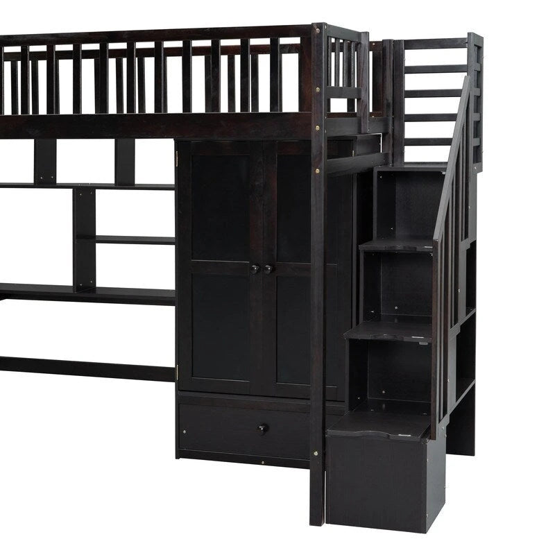 Hoogslaper in twin size met boekenkast, laden, bureau en kledingkast