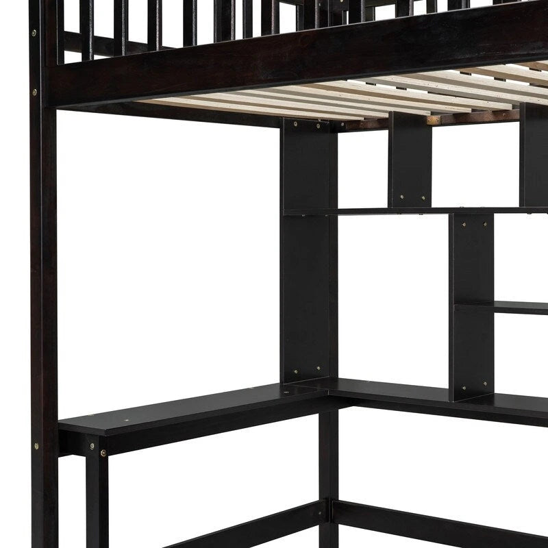 Hoogslaper in twin size met boekenkast, laden, bureau en kledingkast