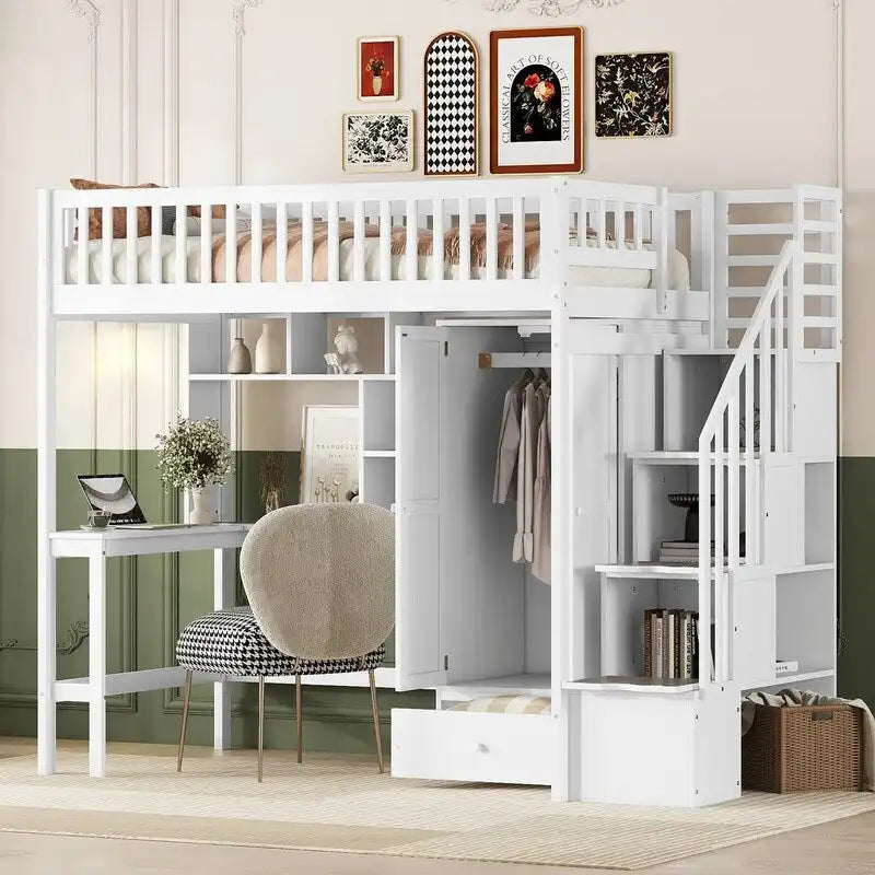Hoogslaper in twin size met boekenkast, laden, bureau en kledingkast