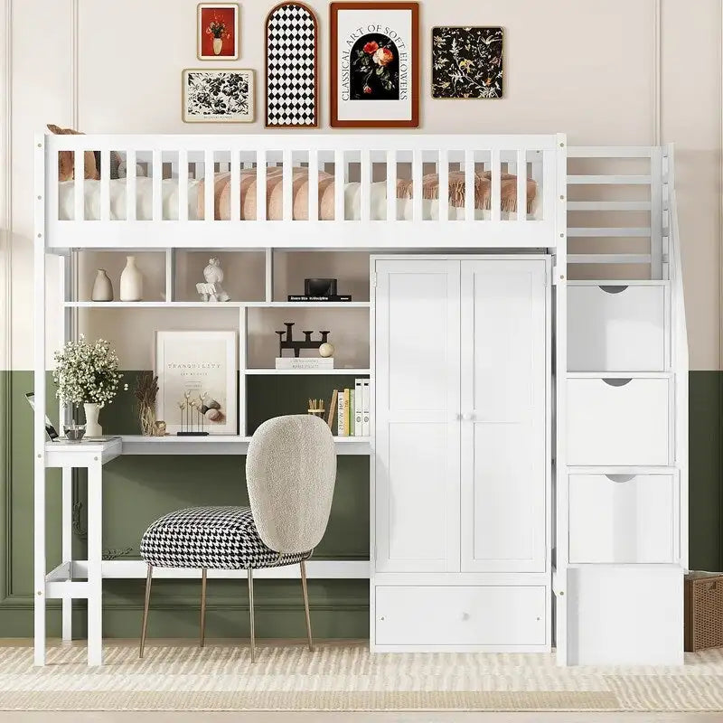 Hoogslaper in twin size met boekenkast, laden, bureau en kledingkast