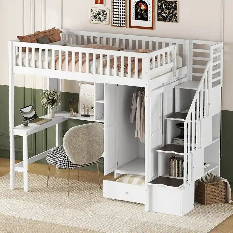 Hoogslaper in twin size met boekenkast, laden, bureau en kledingkast