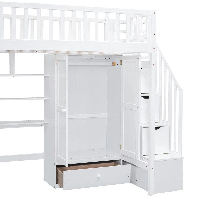 Hoogslaper in twin size met boekenkast, laden, bureau en kledingkast