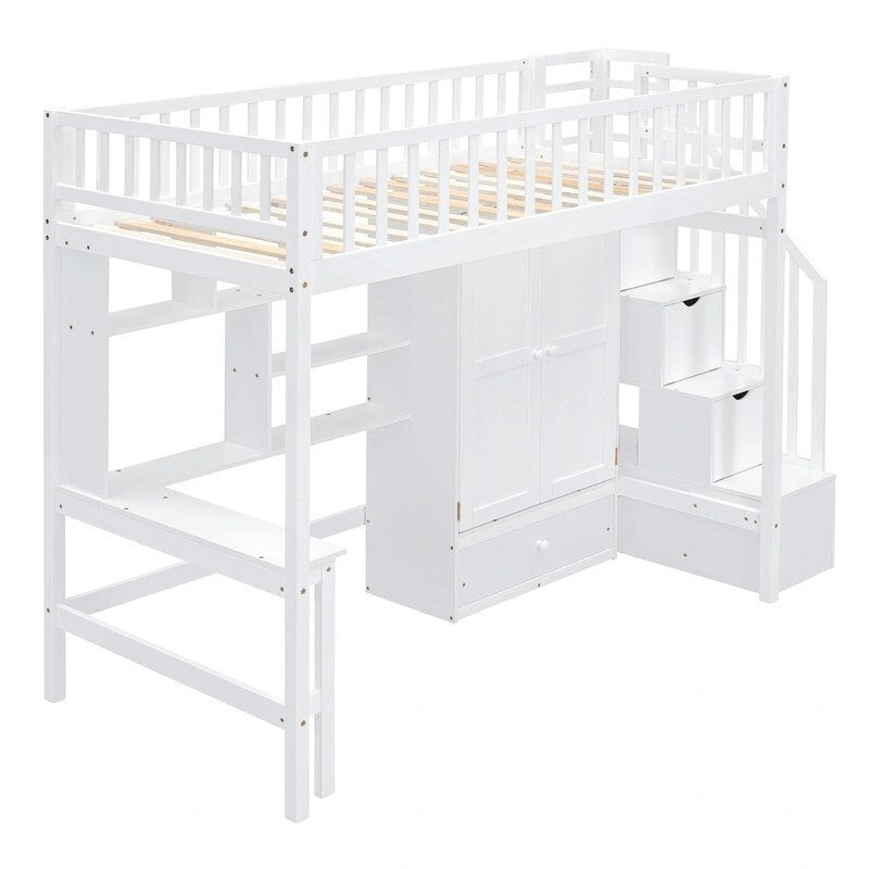 Hoogslaper in twin size met boekenkast, laden, bureau en kledingkast