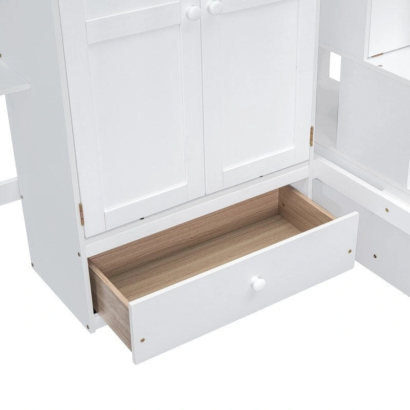 Hoogslaper in twin size met boekenkast, laden, bureau en kledingkast