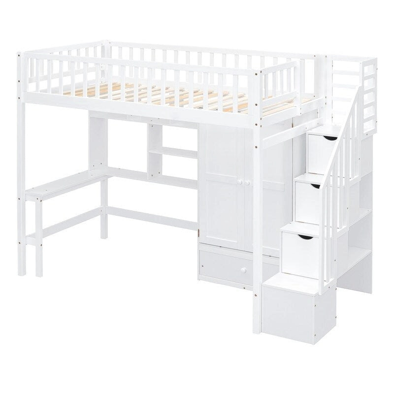 Hoogslaper in twin size met boekenkast, laden, bureau en kledingkast