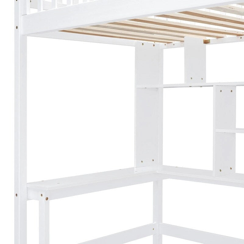 Hoogslaper in twin size met boekenkast, laden, bureau en kledingkast