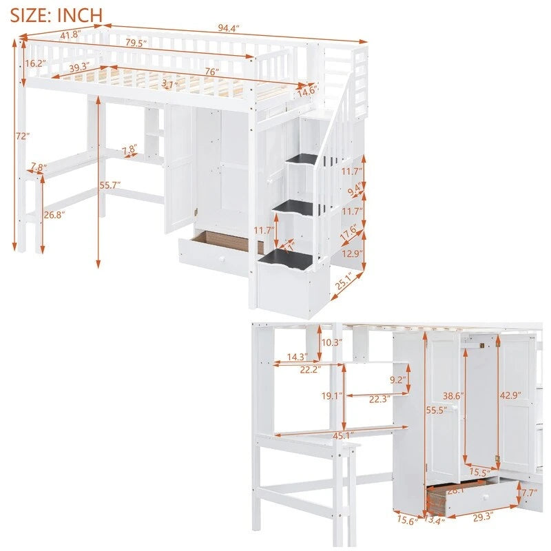 Hoogslaper in twin size met boekenkast, laden, bureau en kledingkast