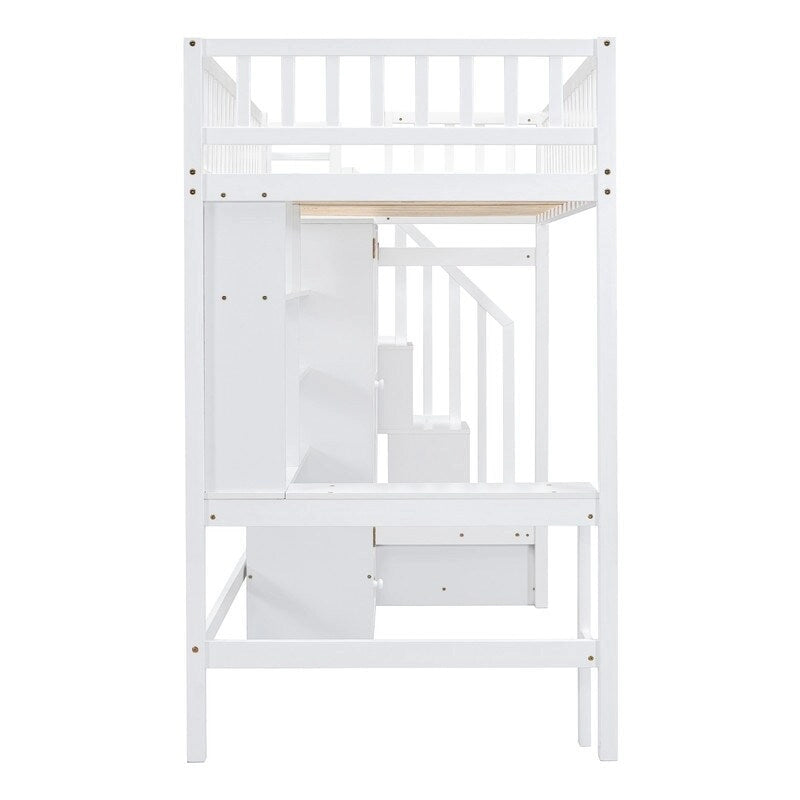 Hoogslaper in twin size met boekenkast, laden, bureau en kledingkast