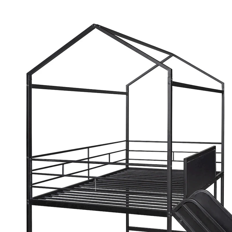 Metalen bed in huisstijl met glijbaan, metalen hoogslaper met aan twee kanten beschrijfbaar houten bord