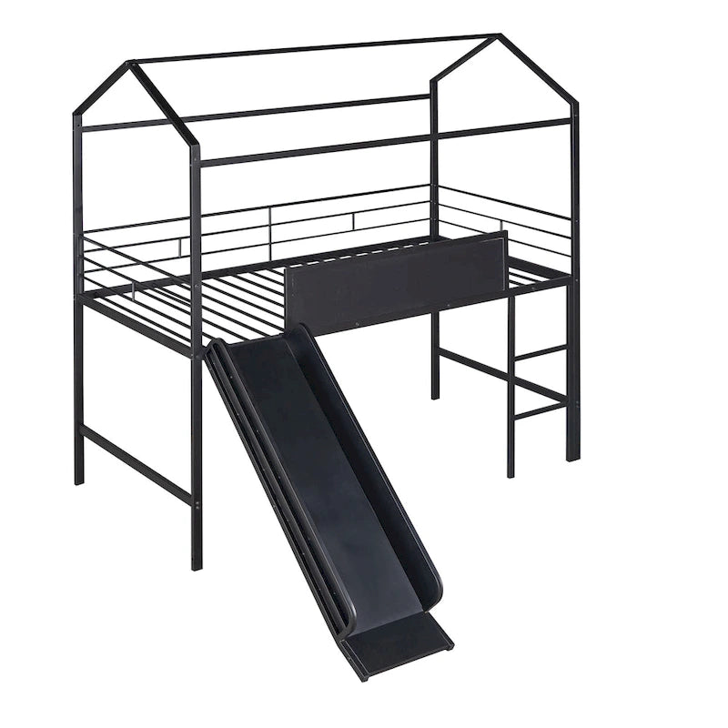 Metalen bed in huisstijl met glijbaan, metalen hoogslaper met aan twee kanten beschrijfbaar houten bord