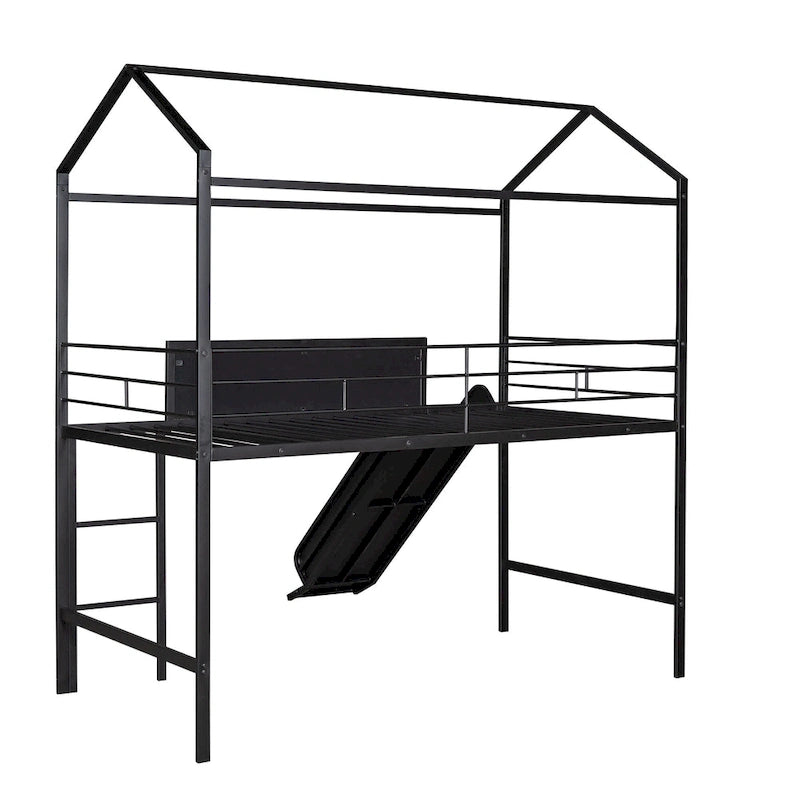 Metalen bed in huisstijl met glijbaan, metalen hoogslaper met aan twee kanten beschrijfbaar houten bord