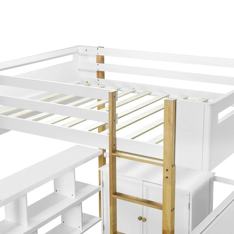 Hochbett aus Holz in Doppelbettgröße mit integriertem Aufbewahrungsschrank und Würfelfächern, klappbarer Schreibtisch