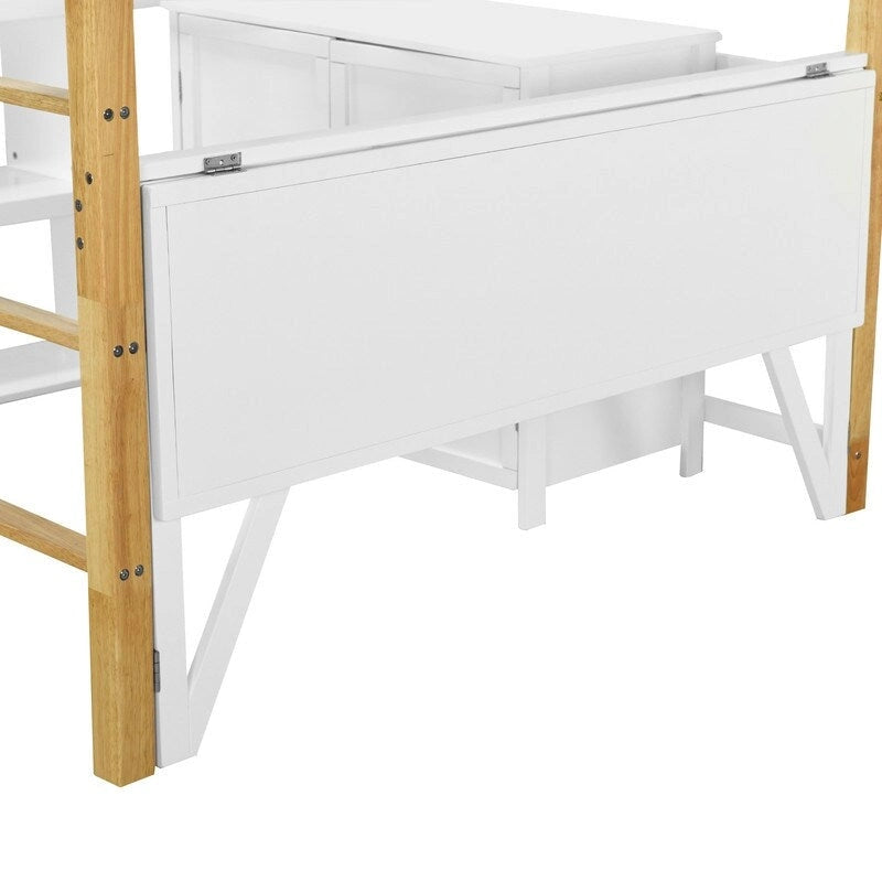 Hochbett aus Holz in Doppelbettgröße mit integriertem Aufbewahrungsschrank und Würfelfächern, klappbarer Schreibtisch