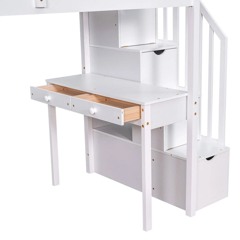 Loft Bed Twin with Desk and Storage Stairs, Space-Saving Wood Bed Frame with Drawers and Shelves, for Teens Adults