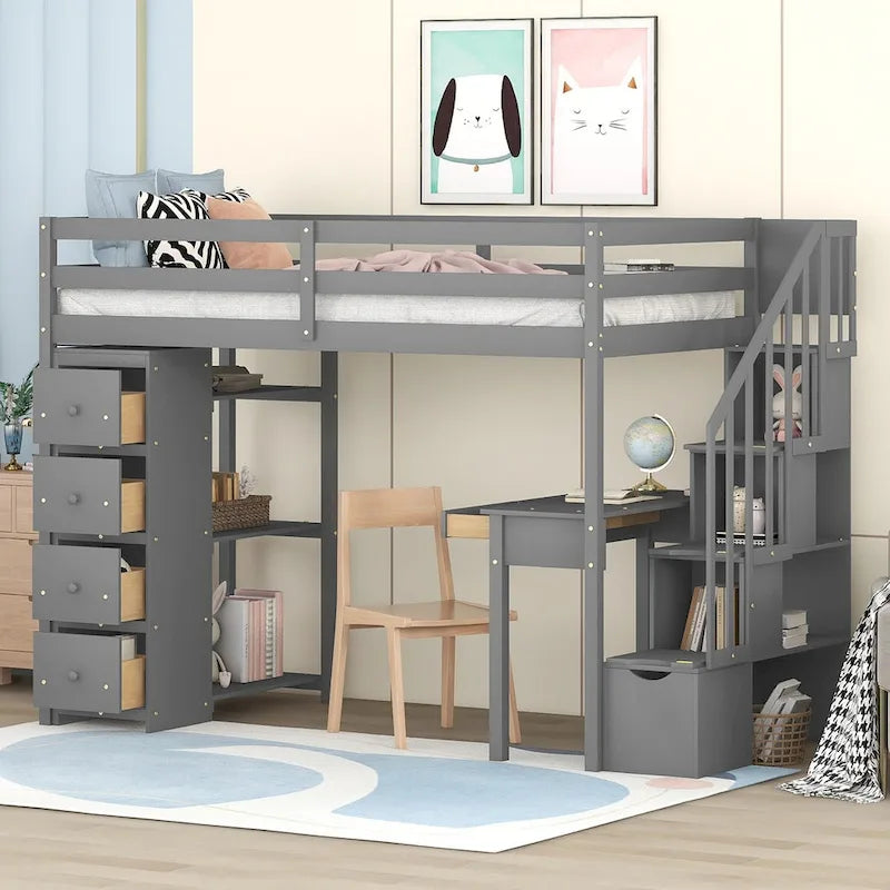 Hoogslaper voor een eenpersoonsbed met bureau en opbergtreden, ruimtebesparend houten bedframe met laden en planken, voor tieners en volwassenen