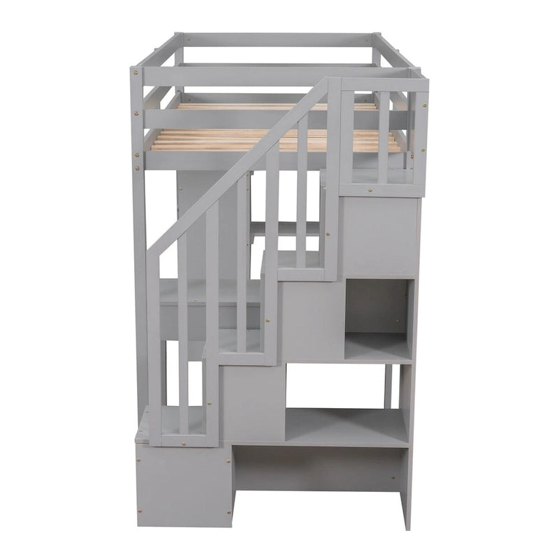 Hoogslaper voor een eenpersoonsbed met bureau en opbergtreden, ruimtebesparend houten bedframe met laden en planken, voor tieners en volwassenen