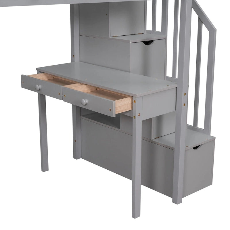 Hoogslaper voor een eenpersoonsbed met bureau en opbergtreden, ruimtebesparend houten bedframe met laden en planken, voor tieners en volwassenen