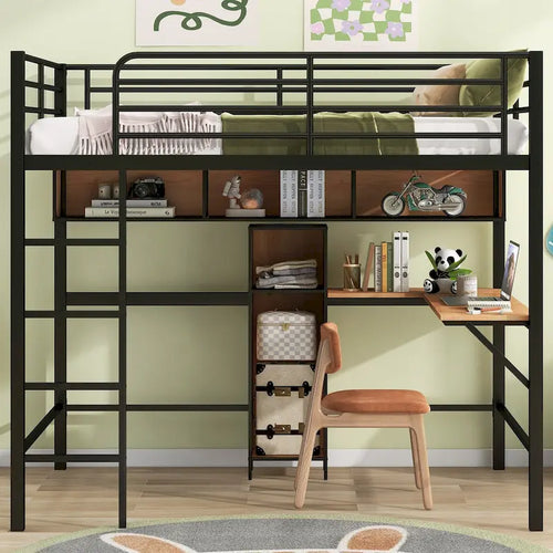 Full Size Loft Bed with L Shaped Desk and Storage Shelves, Metal Full Loft Bed with High Guardrail and Ladder