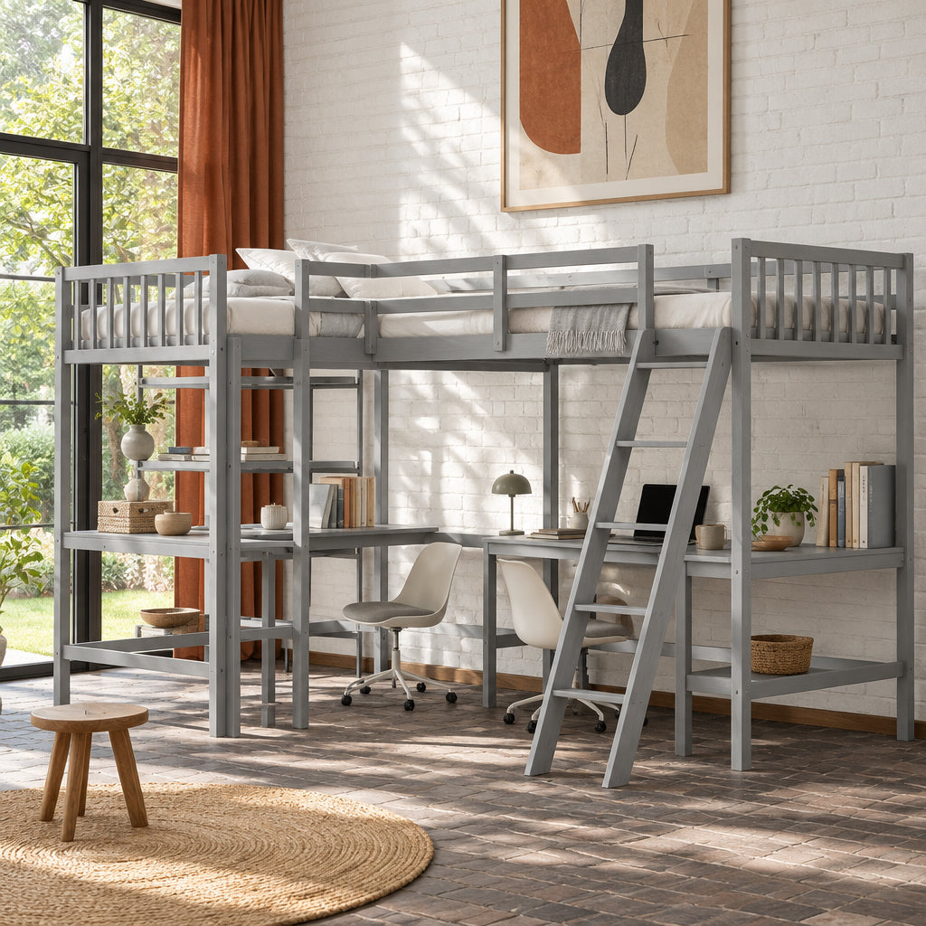 Wood Twin Size L-Shaped Loft Bed with Ladder and 2 Built-in L-Shaped Desks
