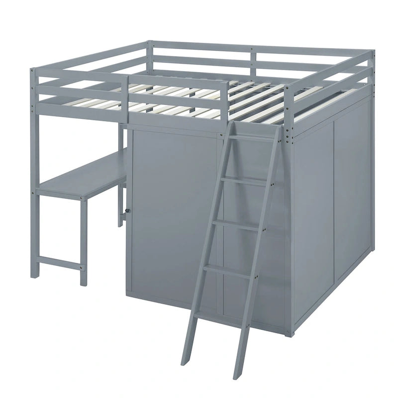 Full Size Loft Bed with Wardrobe and Desk and Shelves