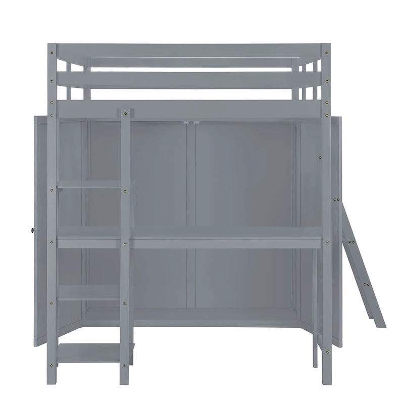 Full Size Loft Bed with Wardrobe and Desk and Shelves