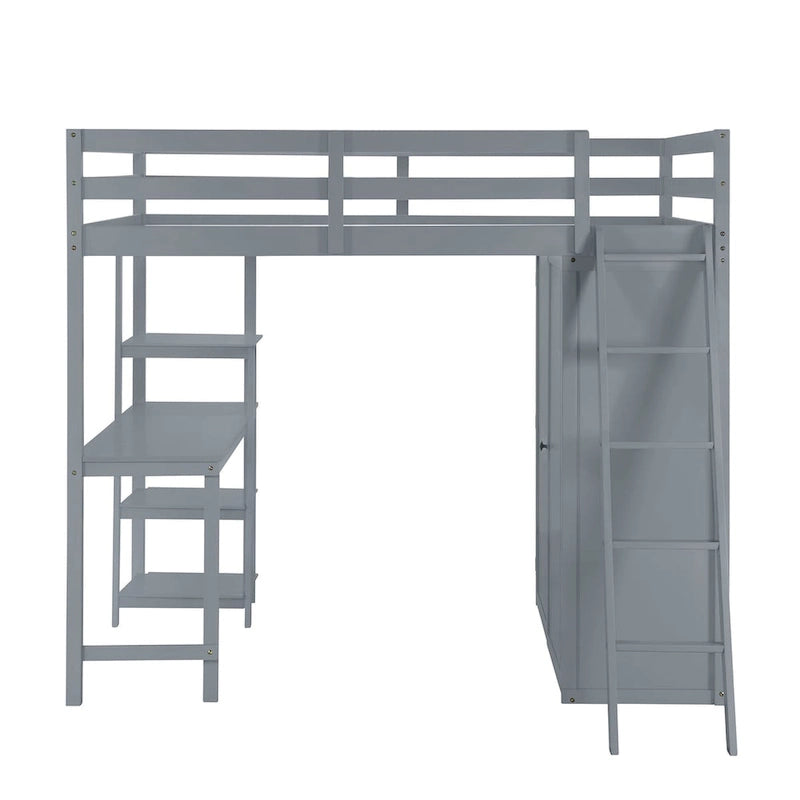 Full Size Loft Bed with Wardrobe and Desk and Shelves