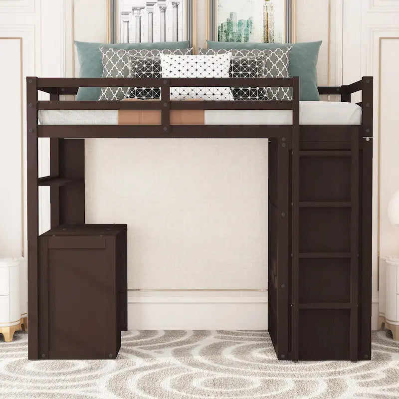Hoogslaper in twin-size met laden, bureau en kledingkast