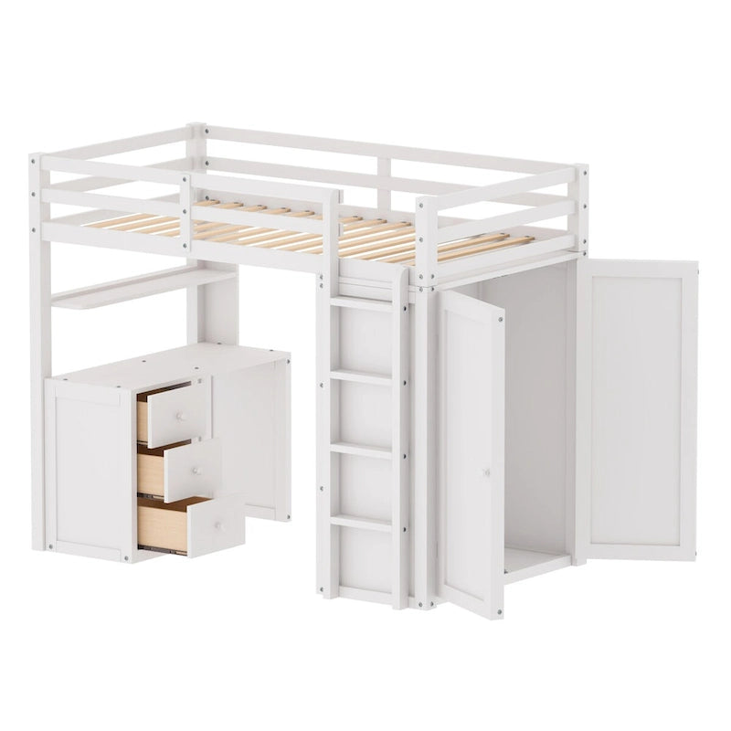Twin size Loft Bed with Drawers,Desk,and Wardrobe