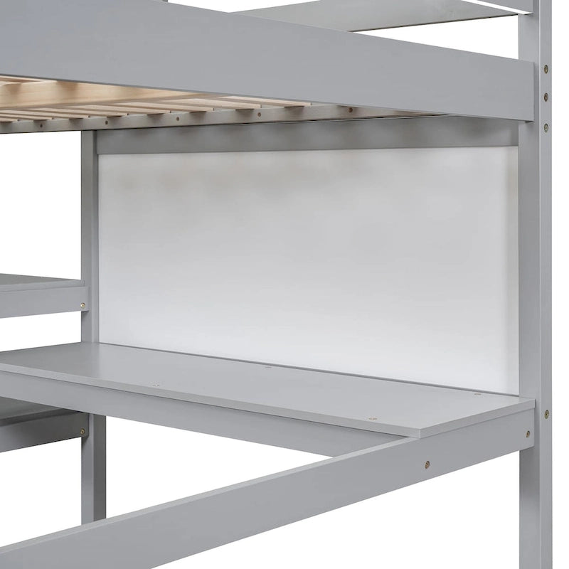 Hochbett in Full-Größe aus Holz mit Ablagefächern, Schreibtisch und Schreibtafel