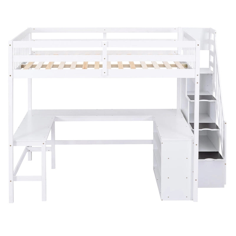 Loft Bed with Built-In L-Shaped Desk and 3-Tier Storage Shelves and Attached Storage Staircase